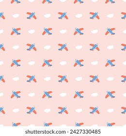 Cute Airplanes and clouds Seamless Pattern, Childish Cartoon background, vector Illustration.