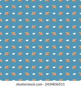 Cute Airplanes and clouds Seamless Pattern, Childish Cartoon background, vector Illustration.