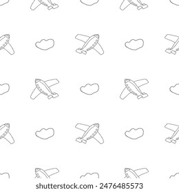 Cute Airplanes and clouds Seamless Pattern, Childish Cartoon background, vector Illustration.