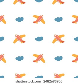 Cute Airplanes and clouds Seamless Pattern, Childish Cartoon background, vector Illustration.