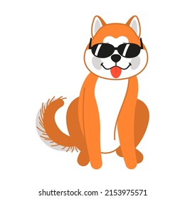 Cute Akita Ind wearing dark glasses, puppy character. Vector illustration of Japanese breed of dog. Cartoon kawaii isolated on white. Pet, friend