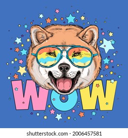 Cute akita inu dog head on a background of stars. WOW illustration. Image for printing on any surface	