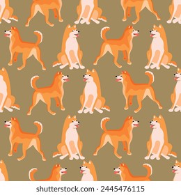 Cute Akita Inu dog seamless pattern.Cartoon animal characters in different poses on a beige background.Funny sitting and standing pet.Vector design for use in wallpaper,fabric,packaging,textile.