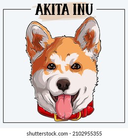 Cute akita inu face with a red collar