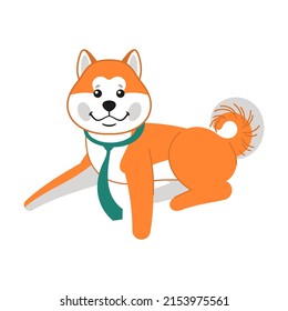 Cute Akita Inu in a tie, puppy character. Vector illustration of Japanese breed of dog. Cartoon kawaii isolated on white. Pet, friend