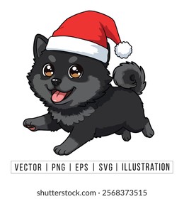 Cute Akita Puppy in Santa Hat - Christmas Cartoon Vector Illustration