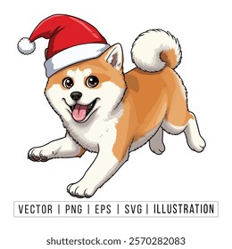 Cute Akita Puppy in Santa Hat - Christmas Cartoon Vector Illustration