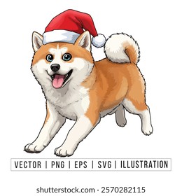 Cute Akita Puppy in Santa Hat - Christmas Cartoon Vector Illustration