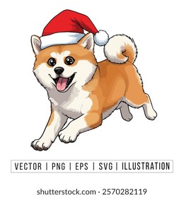 Cute Akita Puppy in Santa Hat - Christmas Cartoon Vector Illustration