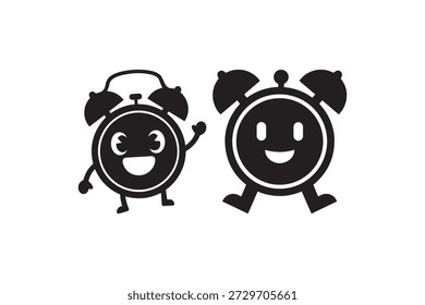 Silhueta de personagens de desenhos animados de despertador bonito - Happy twin despertadores acenando e sorrindo vetor