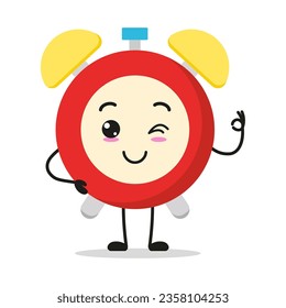 Cute alarm clock character. Funny smiling and wink clock cartoon emoticon in flat style. alarm clock emoji vector illustration