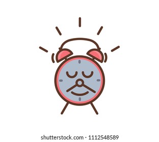 Cute alarm clock character with a smile and mustache made of the minute and hour pointer arrows. Vector icon illustration for morning and wake up subjects, education, kids, school, students, business