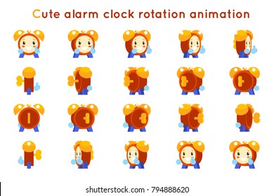 Cute alarm clock child ticker kid character icons rotation animation symbols set frames isolated flat design vector illustration