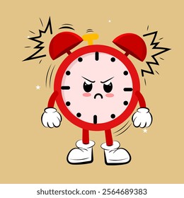 Cute Alarm Clock Clipart Vector with angry expression, Cute clock cartoon mascot with angry expressionperfect to valentine greeting card, sticker, mascot, icon