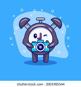 Cute Alarm Clock Holding Camera Cartoon Vector Icon Illustration. Technology Icon Concept Isolated Premium Vector. Flat Cartoon Style