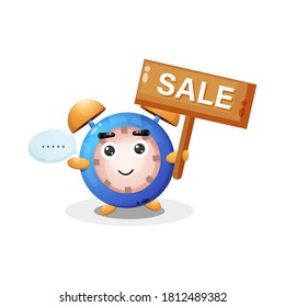 Cute alarm clock mascot with the sales sign