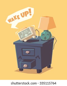 Cute alarm clock shouts Wake up!. Vector illustration.