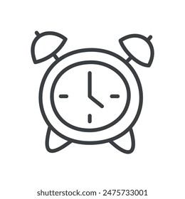 Cute alarm icon. Hand drawn monochrome illustration of an alarm clock isolated on a white background. Kawaii sticker. Vector 10 EPS.