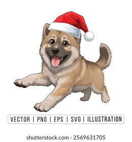 Cute Alaskan Klee Kai Puppy in Santa Hat - Christmas Cartoon Vector Illustration