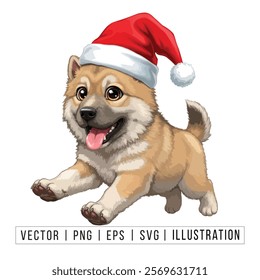 Cute Alaskan Klee Kai Puppy in Santa Hat - Christmas Cartoon Vector Illustration