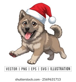 Cute Alaskan Klee Kai Puppy in Santa Hat - Christmas Cartoon Vector Illustration