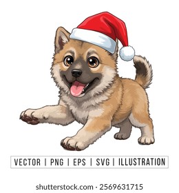 Cute Alaskan Klee Kai Puppy in Santa Hat - Christmas Cartoon Vector Illustration