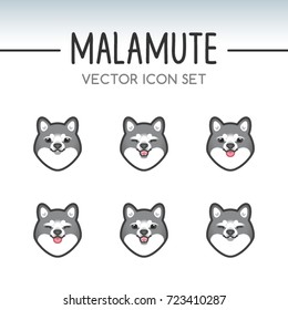 Cute Alaskan Malamute dog breed vector icon sticker set inspired by kawaii Japanese anime style. Malamute puppy face showing various emotions. Emoticon, emoji or costume mask template. Expanded lines.