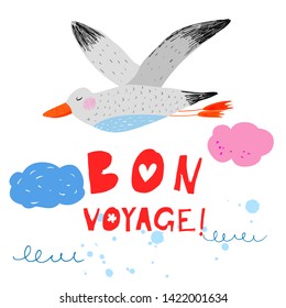 Cute albatross flies over the sea. Funny seabird. Nautical hand drawn vector illustration for kids. Cartoon flat marine background. Pencil texture. Childish drawing. Template card. Bon voyage!