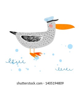 Cute albatross in sea captain's hat. Funny sea bird - sailor. Nautical hand drawn vector illustration for kids. Cartoon flat marine background. Pencil texture. Childish drawing. Sea waves and splashes