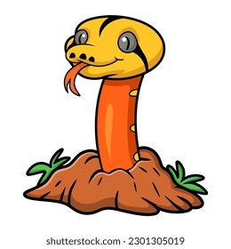 Cute albino golden child reticulated python cartoon out from hole