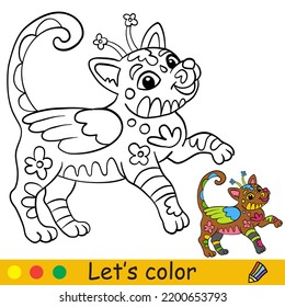 Cute Alebrije cat  Day the Dead mexican halloween concept  Coloring book page for children and colorful template  Vector cartoon illustration  For print  preschool education   game