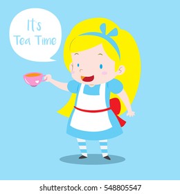 Cute alice in wonderland holding tea cup with "it's tea time" text vector illustration