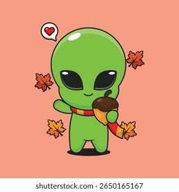Alien bonito com bolotas na estação de outono no dia de outono desenho animado vetor ilustração