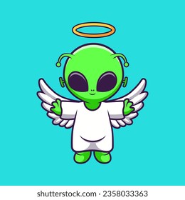 Cute Alien Angel Flying Cartoon Vector Icon Illustration. Science Holiday Icon Concept Isolated Premium Vector. Flat Cartoon Style