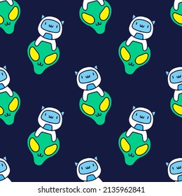 Cute alien and astronaut cat on dark background seamless pattern. Modern vintage, pop art style seamless pattern concept.