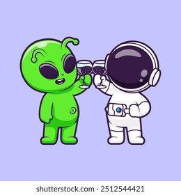 Cute Alien And Astronaut Drinking Juice Party Cartoon Vector Icon Illustration. Science Drink Icon Concept Isolated Premium Vector. Flat Cartoon Style