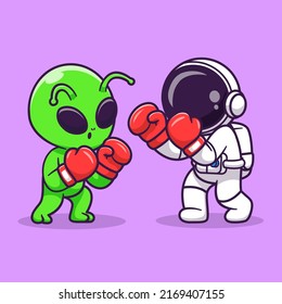 Cute Alien and Astronaut Fighting Boxing Cartoon Vector Icon Illustration. Science Sport Icon Concept Isolated Premium Vector. Flat Cartoon Style