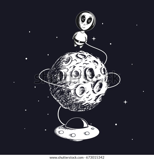 Ufoで月の周りを飛び回るかわいい宇宙人宇宙飛行士 手描きの子どもっ