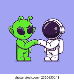 Cute Alien And Astronaut Friend Fist Bump Cartoon Vector Icon Illustration. Science Technology Icon Concept Isolated Premium Vector. Flat Cartoon Style