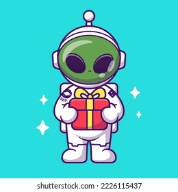 Cute Alien Astronaut Holding Gift Box Cartoon Vector Icon Illustration. Science Technology Icon Concept Isolated Premium Vector. Flat Cartoon Style