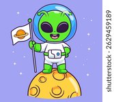 Cute Alien Astronaut Holding Planet Flag On Moon Cartoon Vector Icon Illustration. Science Technology Icon Concept Isolated Premium Vector. Flat Cartoon Style