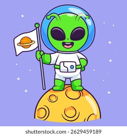 Cute Alien Astronaut Holding Planet Flag On Moon Cartoon Vector Icon Illustration. Science Technology Icon Concept Isolated Premium Vector. Flat Cartoon Style