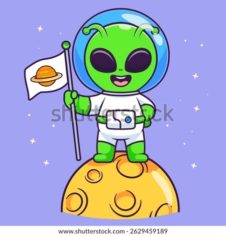 Cute Alien Astronaut Holding Planet Flag On Moon Cartoon Vector Icon Illustration. Science Technology Icon Concept Isolated Premium Vector. Flat Cartoon Style