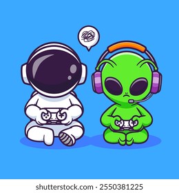 Cute Alien And Astronaut Playing Game Together Cartoon 
Vector Icon Illustration. Science Technology Icon Concept 
Isolated Premium Vector. Flat Cartoon Style