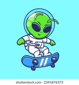 Cute Alien Astronaut Playing Skateboard Cartoon Vector Icon Illustration. Science Sport Icon Concept Isolated Premium Vector. Flat Cartoon Style