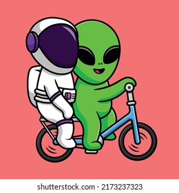 Cute Alien And Astronaut Riding Bicycle Cartoon Vector Icon Illustration. Science Sport Icon Concept Isolated Premium Vector. 