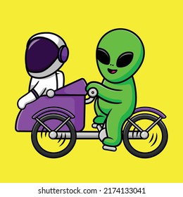 Cute Alien And Astronaut Riding Pedicap Bicycle Cartoon Vector Icon Illustration. Science Transportation Icon Concept Isolated Premium Vector