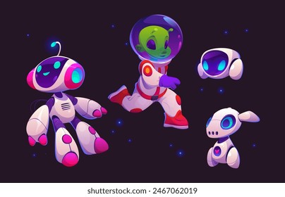 Cute alien astronaut in space with funny robot. Cosmonaut character flying with ai friend in spacesuit. Artificial intelligence baby pet explore and support adventure together. Extraterrestrial cyborg