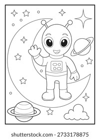 Lindo astronauta alienígena de pie en la luna para colorear para los niños. Fondo del espacio exterior con planetas y estrellas. Dibujado a mano Ilustración vectorial