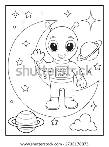 Cute Alien Astronaut Standing on Moon Coloring Page for Kids. Outer Space Background with Planets and Stars. Hand Drawn Vector Illustration